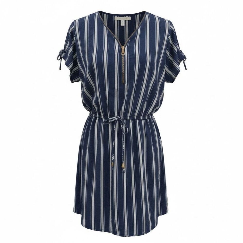 Stella tweed short sleeve blue striped mini dress tie closure size large